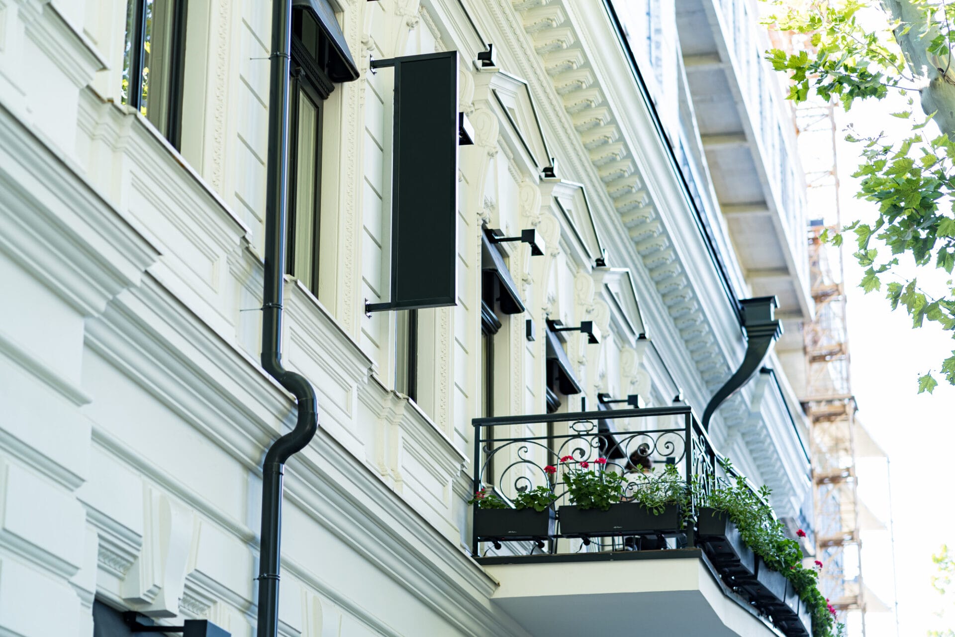 Ornate white building facade with black iron balcony, flower boxes, Juliet balconies, and blank vertical sign.