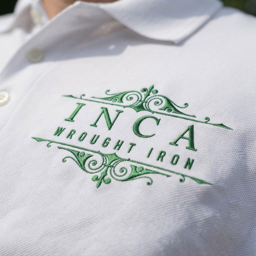 White shirt with green embroidered text: "INCA WROUGHT IRON" and decorative swirls above and below—a perfect nod to timeless ironwork tradition.